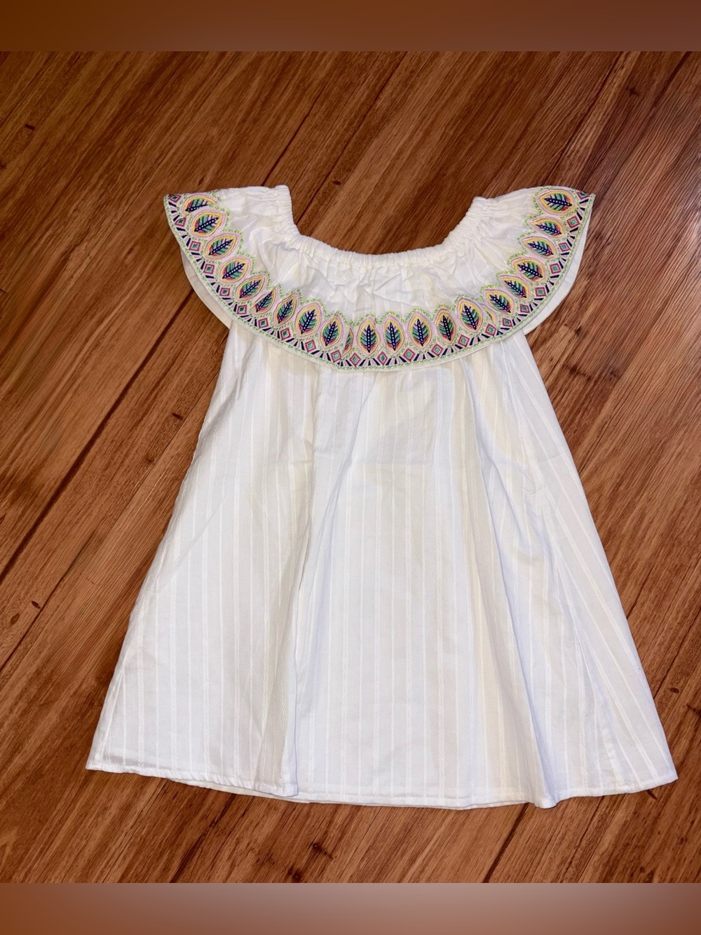 OshKosh White Off-Shoulder Dress with Colorful Embroidered Neckline NWOT size 5T